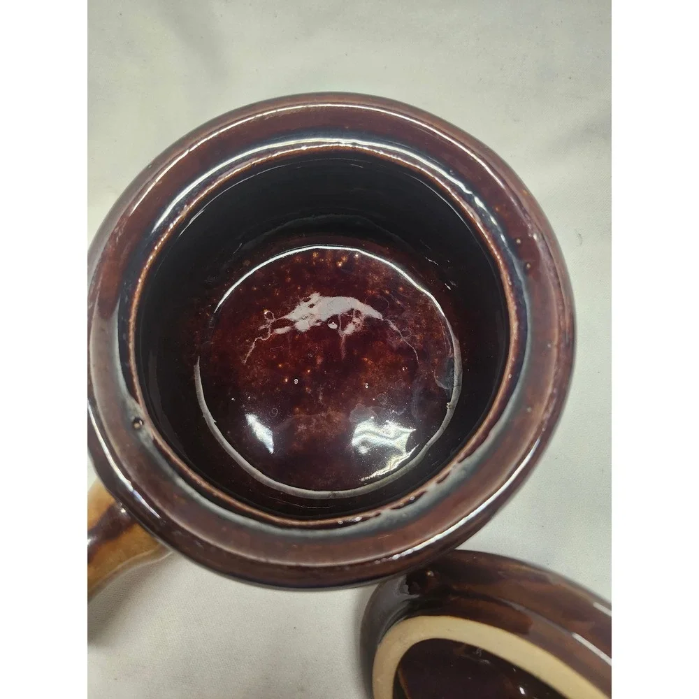 Vintage French Onion Soup Bowl with Lid Two Tone Brown Stoneware Ceramic Crock
